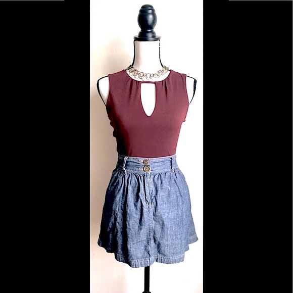 Denim A-Line Mini Skirt: High Waisted Lightweight, Double Bronze Buttons, Sz. M - Picture 2 of 6